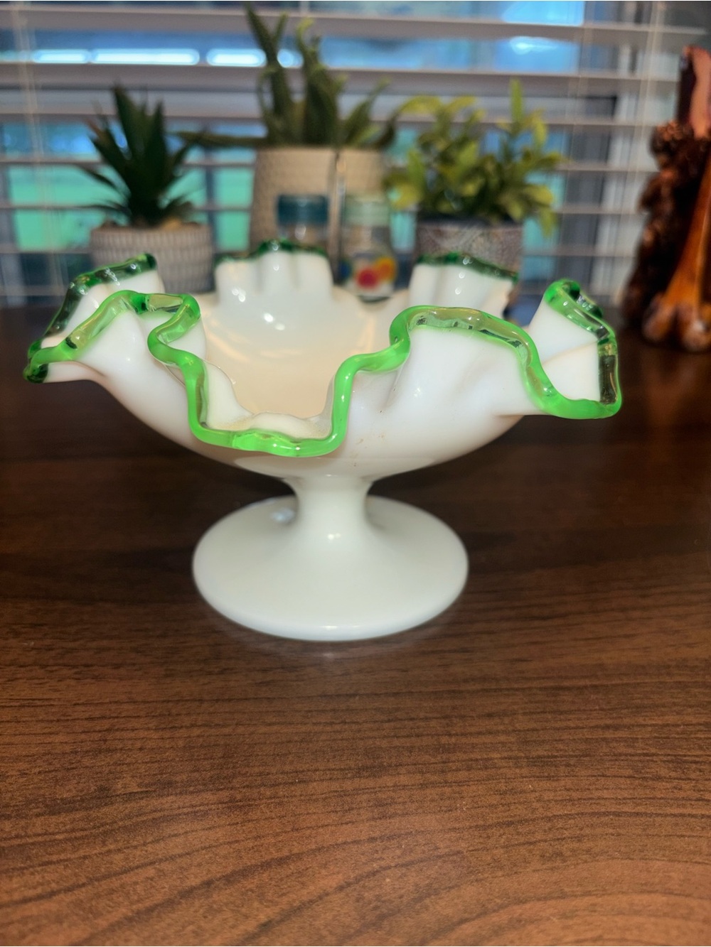 Vintage Fenton Emerald Crest Milk Glass Ruffled Footed Compote / Candy Dish
